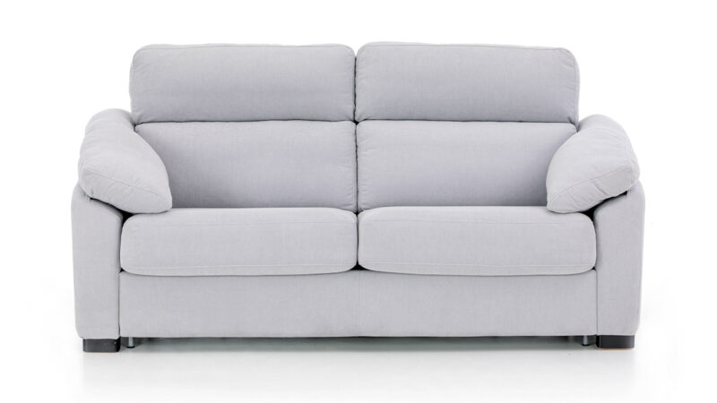 Sofá cama con respaldo ergonómico y brazo tipo siesta, apertura fácil, colchón cómodo y opciones viscoelásticas o de muelles. Diseño frontal.