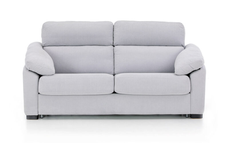 Sofá cama con respaldo ergonómico y brazo tipo siesta, apertura fácil, colchón cómodo y opciones viscoelásticas o de muelles. Diseño frontal.