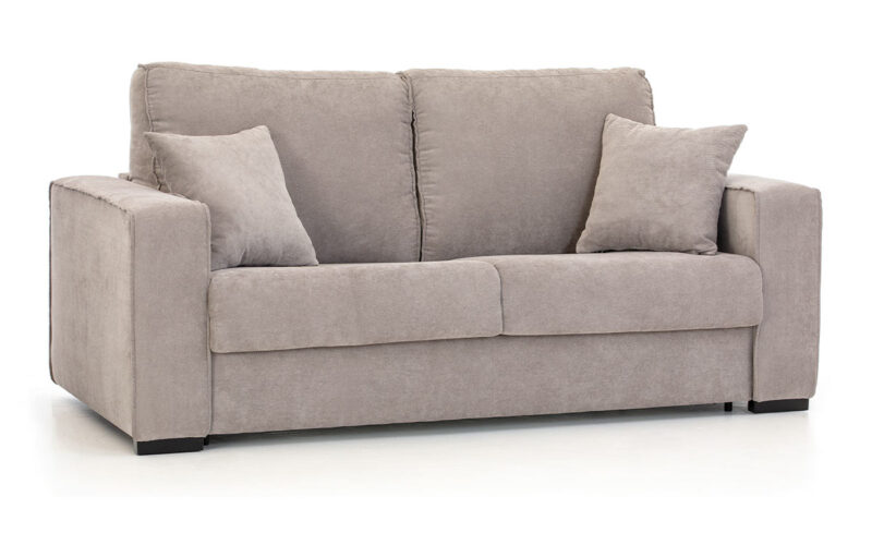 Sofá cama sencillo y estiloso de 140x190 con colchón HR de alta densidad, apertura fácil sin mover cojines, opción de colchón viscoelástico y gran confort para un descanso óptimo. Diseño perspectiva.