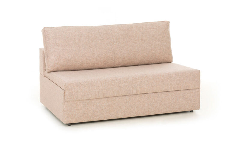 Sofá cama pequeño sin brazos, compacto de 140x190 cm, con colchón HR, ideal para hogar y hoteles, fácil de abrir y almacenar. Diseño con perspectiva.