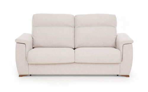 Sofá cama de brazo recto con sobrebrazo, de matrimonio en varias medidas, con colchón de látex de 15 cm, apertura italiana fácil, chaise longue abatible y tapicería desenfundable. Diseño frontal.