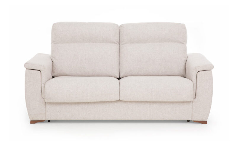 Sofá cama de brazo recto con sobrebrazo, de matrimonio en varias medidas, con colchón de látex de 15 cm, apertura italiana fácil, chaise longue abatible y tapicería desenfundable. Diseño frontal.