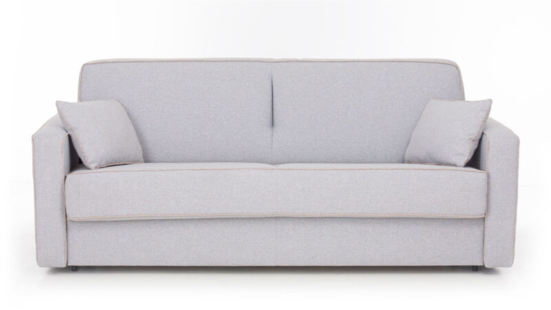 Sofá cama de matrimonio 140x200 con colchón viscoelástico de 15 cm, somier premium, apertura italiana, sin necesidad de quitar almohadones y con opciones de colchón látex o HR. Diseño frontal.