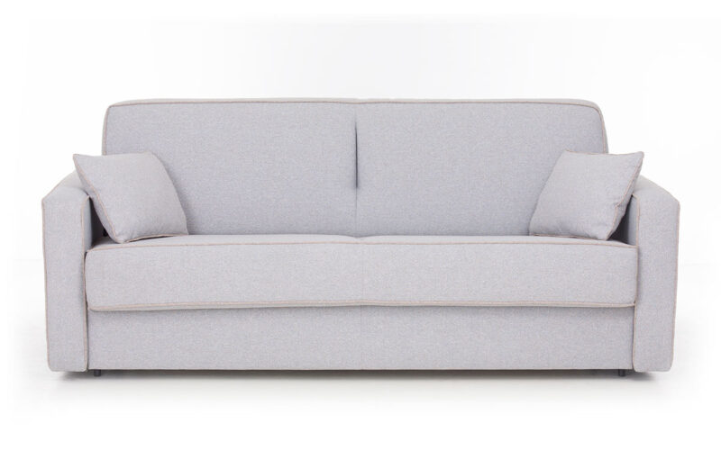 Sofá cama de matrimonio 140x200 con colchón viscoelástico de 15 cm, somier premium, apertura italiana, sin necesidad de quitar almohadones y con opciones de colchón látex o HR. Diseño frontal.
