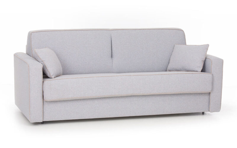 Sofá cama de matrimonio 140x200 con colchón viscoelástico de 15 cm, somier premium, apertura italiana, sin necesidad de quitar almohadones y con opciones de colchón látex o HR. Diseño con perspectiva