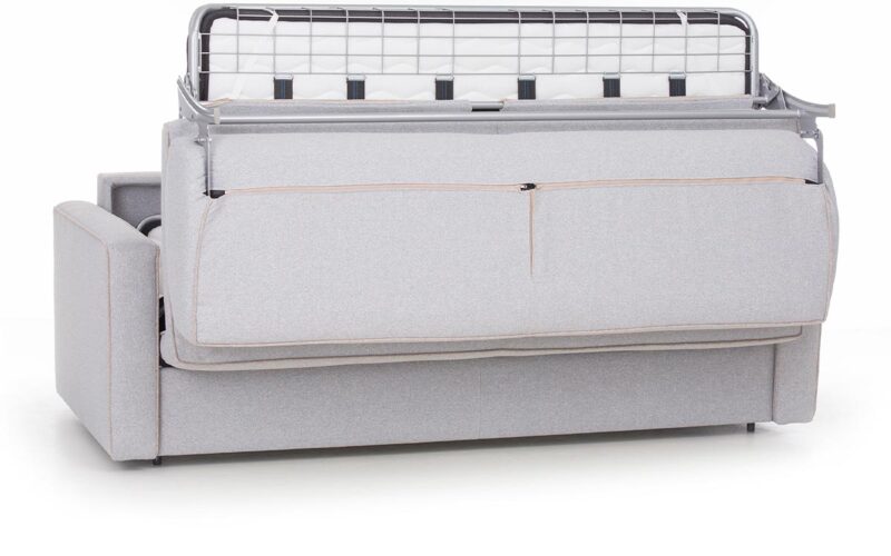 Sofá cama de matrimonio 140x200 con colchón viscoelástico de 15 cm, somier premium, apertura italiana, sin necesidad de quitar almohadones y con opciones de colchón látex o HR. Diseño medio abierto.