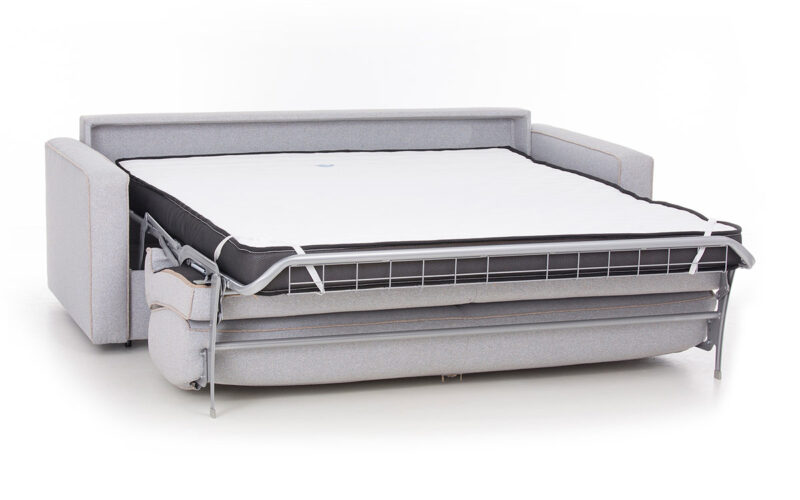Sofá cama de matrimonio 140x200 con colchón viscoelástico de 15 cm, somier premium, apertura italiana, sin necesidad de quitar almohadones y con opciones de colchón látex o HR. Diseño abierto.