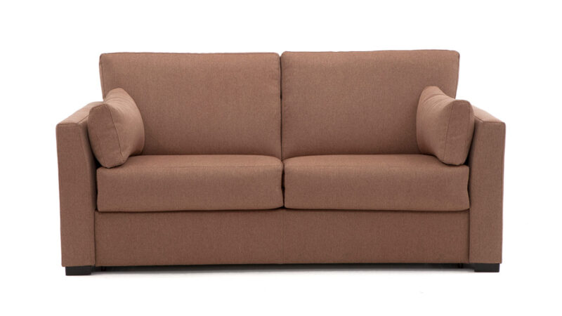 Sofá cama de matrimonio 140x200 con colchón viscoelástico desenfundable, apertura italiana fácil, somier robusto, opción de látex y almacenamiento para almohadas. Diseño frontal.