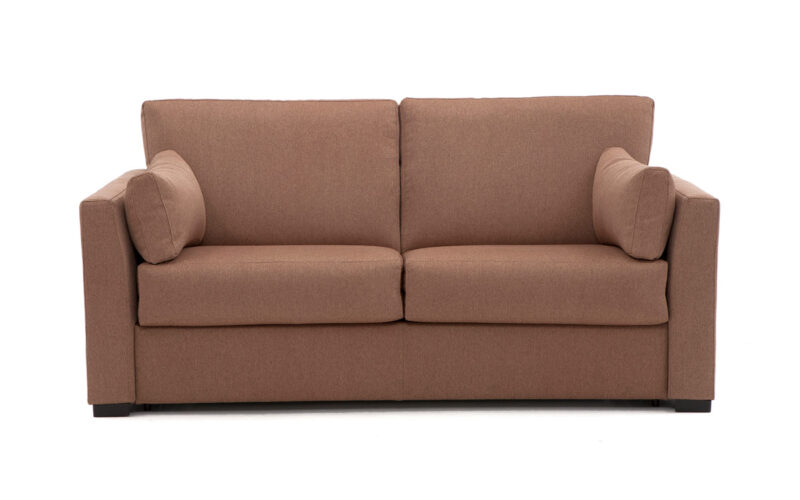 Sofá cama de matrimonio 140x200 con colchón viscoelástico desenfundable, apertura italiana fácil, somier robusto, opción de látex y almacenamiento para almohadas. Diseño frontal.