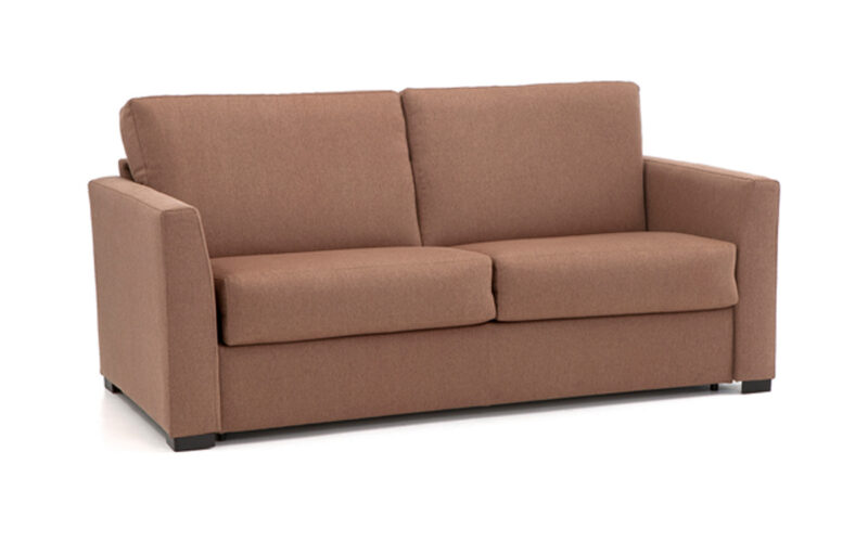 Sofá cama de matrimonio 140x200 con colchón viscoelástico desenfundable, apertura italiana fácil, somier robusto, opción de látex y almacenamiento para almohadas. Diseño con perspectiva.