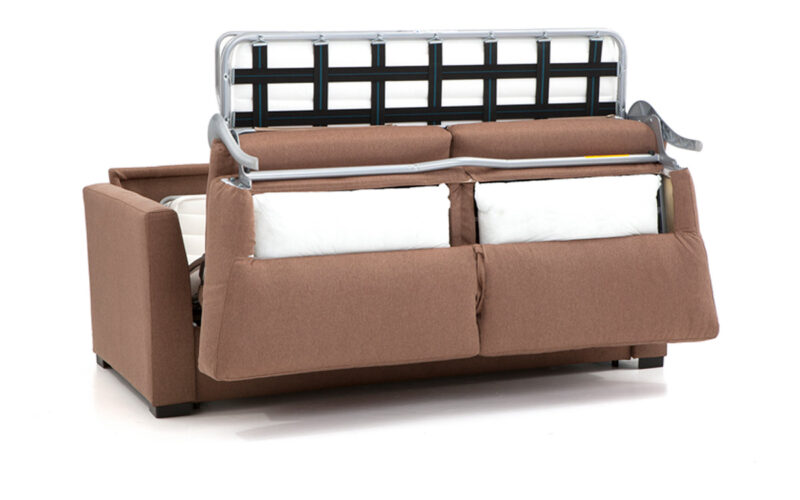 Sofá cama de matrimonio 140x200 con colchón viscoelástico desenfundable, apertura italiana fácil, somier robusto, opción de látex y almacenamiento para almohadas. Diseño medio abierto.
