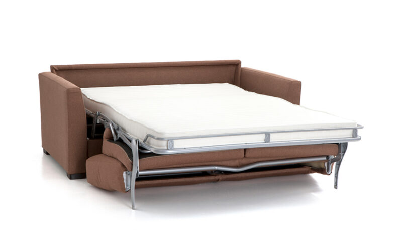 Sofá cama de matrimonio 140x200 con colchón viscoelástico desenfundable, apertura italiana fácil, somier robusto, opción de látex y almacenamiento para almohadas. Diseño abierto.
