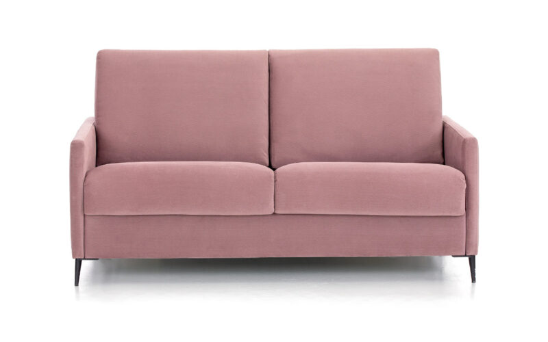 Sofá cama económico de 140x190 cm, colchón HR o viscoelástico, diseño compacto y elegante, fácil de abrir sin quitar almohadones, perfecto para habitaciones pequeñas y uso diario. Diseño frontal.