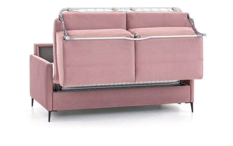 Sofá cama económico de 140x190 cm, colchón HR o viscoelástico, diseño compacto y elegante, fácil de abrir sin quitar almohadones, perfecto para habitaciones pequeñas y uso diario. Diseño medio abierto.