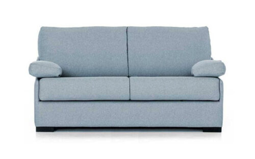 Sofá cama compacto con colchón HR de alta densidad, sin necesidad de mover almohadones, ideal para habitaciones pequeñas y espacios reducidos. Diseño frontal.