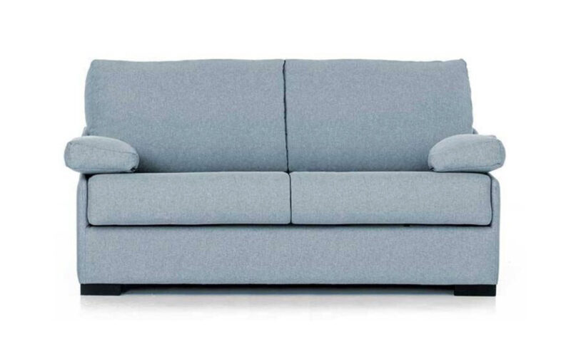 Sofá cama compacto con colchón HR de alta densidad, sin necesidad de mover almohadones, ideal para habitaciones pequeñas y espacios reducidos. Diseño frontal.