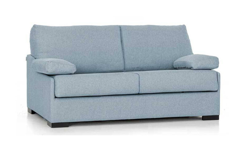 Sofá cama compacto con colchón HR de alta densidad, sin necesidad de mover almohadones, ideal para habitaciones pequeñas y espacios reducidos. Diseño con perspectiva.
