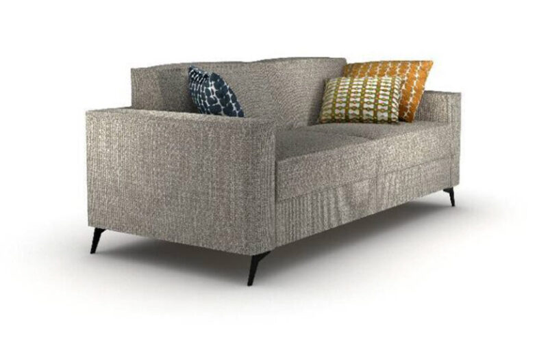 Sofá cama moderno con colchón HR, patas de níquel negro y sistema de apertura italiana, desenfundable y fácil de transformar. Diseño con perspectiva.