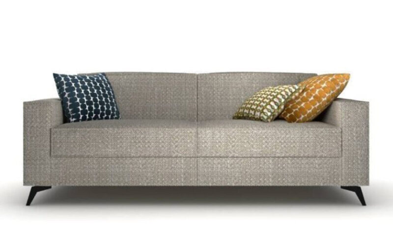 Sofá cama moderno con colchón HR, patas de níquel negro y sistema de apertura italiana, desenfundable y fácil de transformar. Diseño frontal.