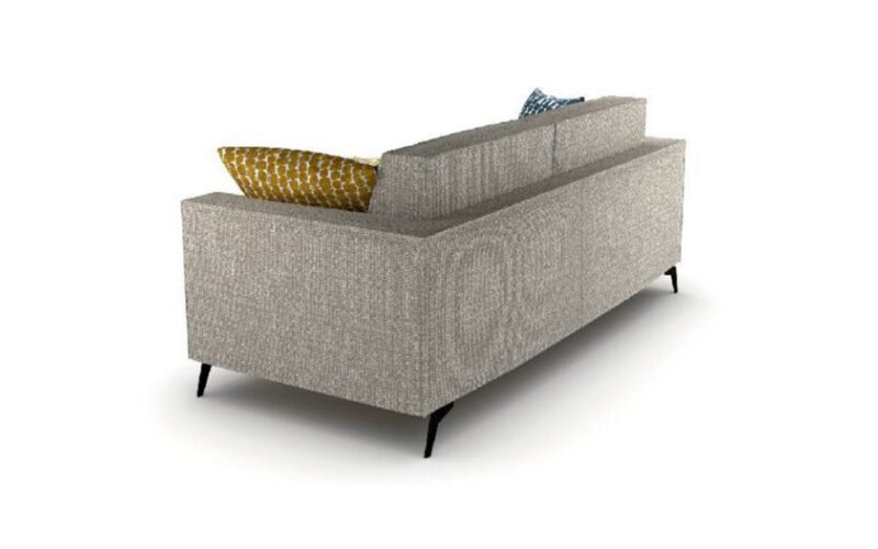 Sofá cama moderno con colchón HR, patas de níquel negro y sistema de apertura italiana, desenfundable y fácil de transformar. Diseño con perspectiva vista desde atrás.