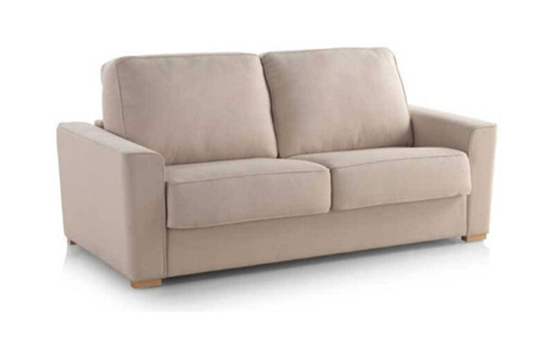 Sofá cama nórdico con colchón HR de alta densidad, diseño moderno y opción de chaiselongue, ideal para espacios cómodos y elegantes. Diseño con perspectiva.