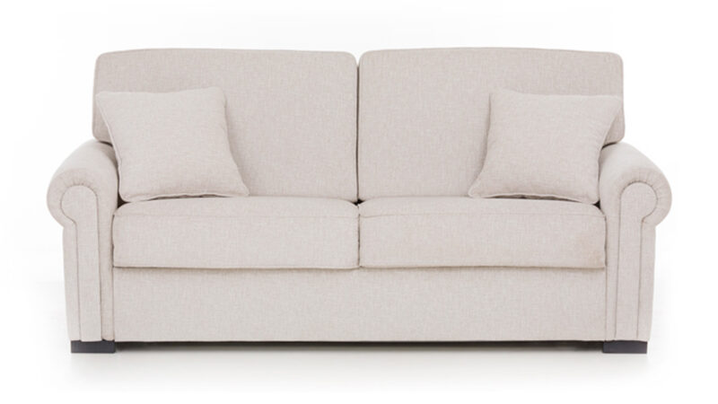 Sofá cama 140x190, colchón HR alta densidad, viscoelástico o látex, diseño clásico de alta calidad, fácil apertura y gran confort. Diseño frontal