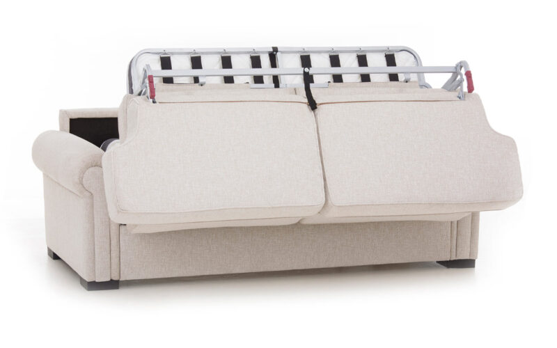 Sofá cama 140x190, colchón HR alta densidad, viscoelástico o látex, diseño clásico de alta calidad, fácil apertura y gran confort. Diseño medio abierto