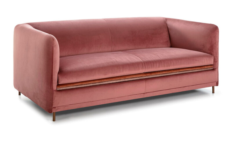 Sofá cama clásico atemporal de 140x190 cm, colchón viscoelástico de alta densidad, apertura italiana sin quitar almohadones. Diseño con perspectiva.