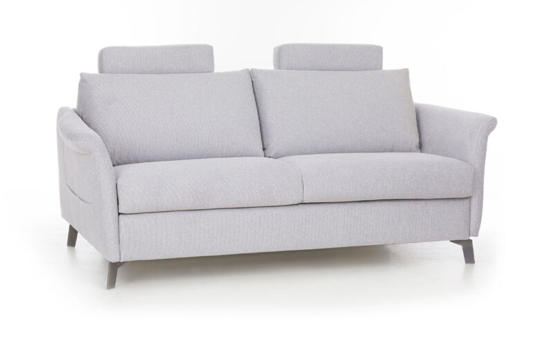 Sofá cama 140x190, colchón HR alta densidad, diseño atemporal con cabeceros opcionales, somier plano electrosoldado. Diseño con perspectiva