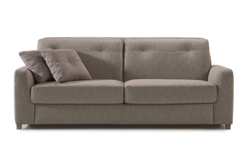 Sofá cama 180x200, colchón HR de alta densidad y látex, diseño italiano elegante, cómodo para uso diario, desenfundable, desmontable y fácil de abrir sin quitar almohadones. Diseño frontal.