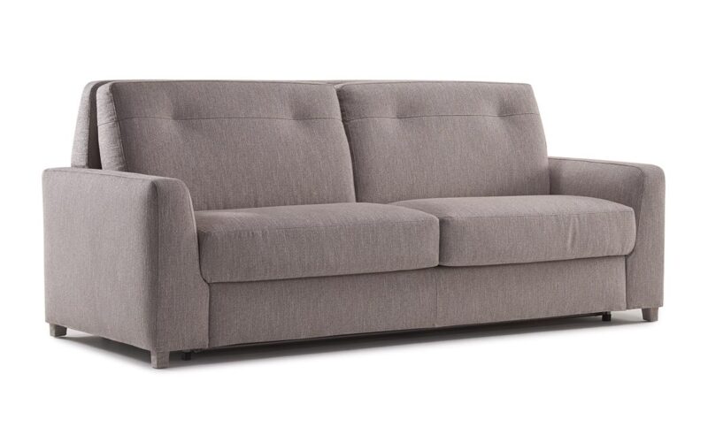 Sofá cama 180x200, colchón HR de alta densidad y látex, diseño italiano elegante, cómodo para uso diario, desenfundable, desmontable y fácil de abrir sin quitar almohadones. Diseño con perspectiva.