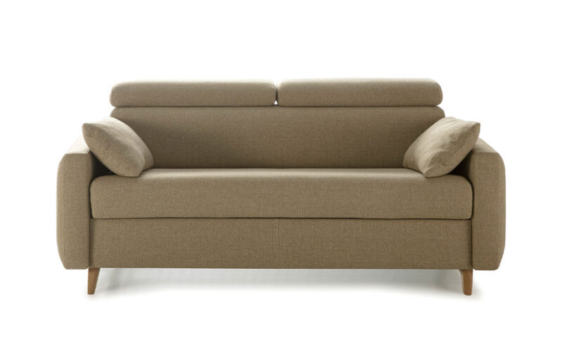 Sofá cama 140x190, colchón HR alta densidad, látex o viscoelástico, sistema de descanso con respaldo elevable, diseño vanguardista y apertura italiana. Diseño frontal