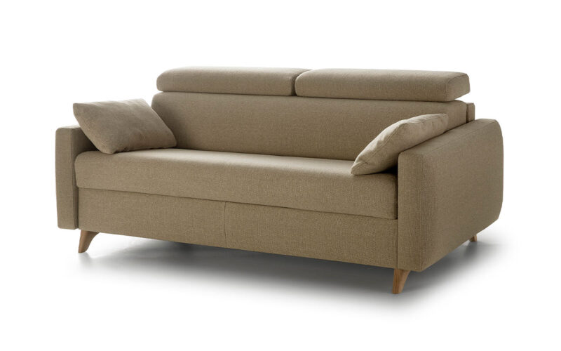 Sofá cama 140x190, colchón HR alta densidad, látex o viscoelástico, sistema de descanso con respaldo elevable, diseño vanguardista y apertura italiana. Diseño perspectiva.
