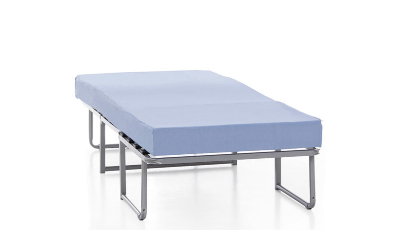 Puf cama moderno con colchón de alta densidad, somier de lamas, apertura fácil y funda con vivo personalizable. Diseño abierto.