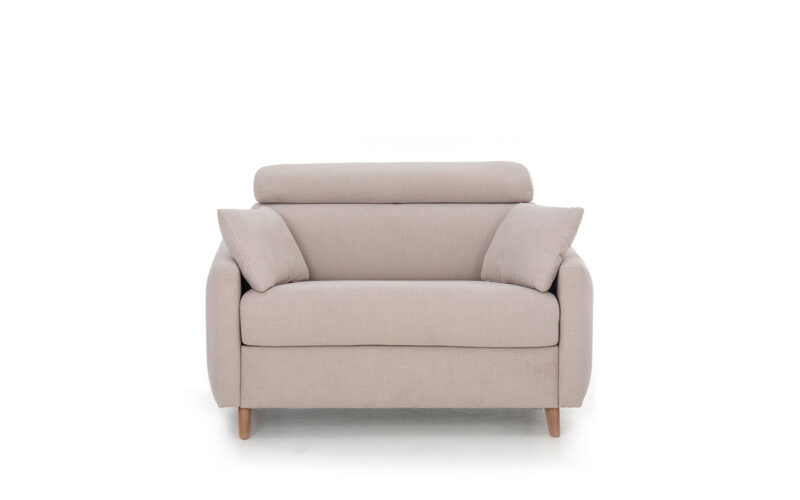 Sillón cama nórdico con respaldo abatible, colchón HR de 80x190 y somier reforzado. Estilo moderno que ahorra espacio y mejora la comodidad. Diseño frontal.