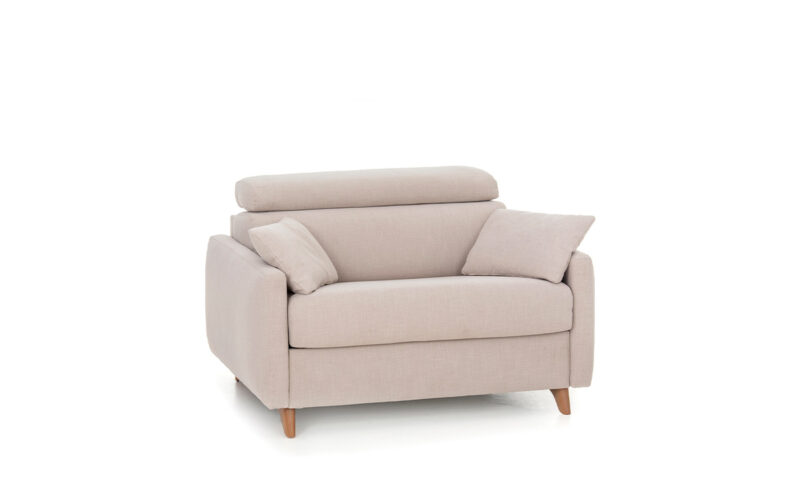 Sillón cama nórdico con respaldo abatible, colchón HR de 80x190 y somier reforzado. Estilo moderno que ahorra espacio y mejora la comodidad. Diseño con perspectiva.