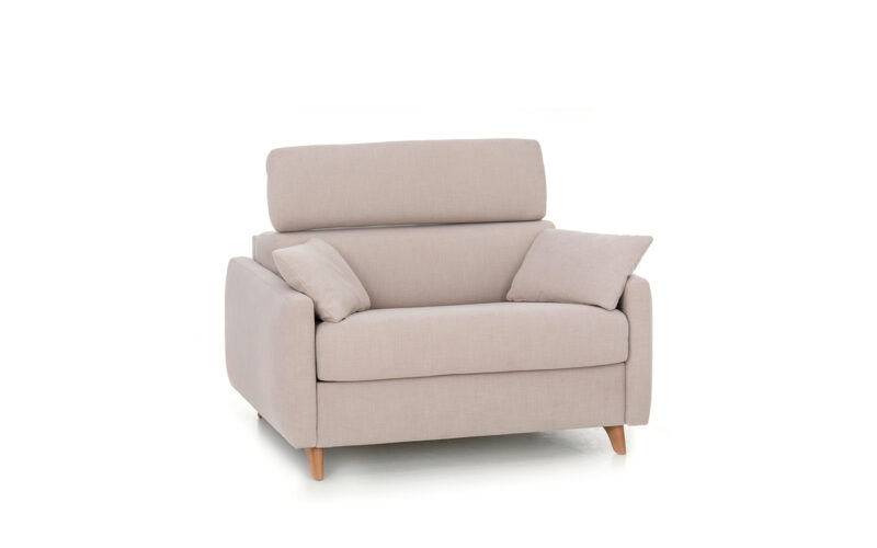 Sillón cama nórdico con respaldo abatible, colchón HR de 80x190 y somier reforzado. Estilo moderno que ahorra espacio y mejora la comodidad. Diseño con perspectiva respaldo abierto.