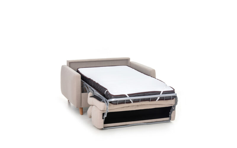 Sillón cama nórdico con respaldo abatible, colchón HR de 80x190 y somier reforzado. Estilo moderno que ahorra espacio y mejora la comodidad. Diseño abierto.