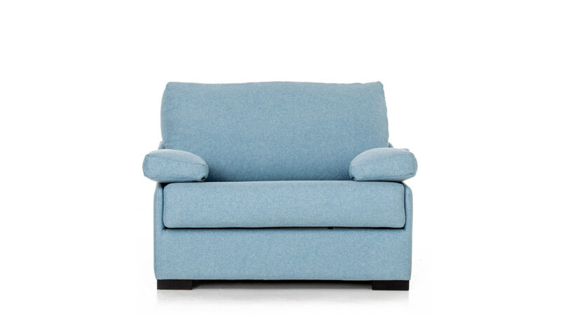 Sillón cama de 90x190 con somier metálico y colchón HR, muy cómodo y compacto para uso diario. Diseño frontal.