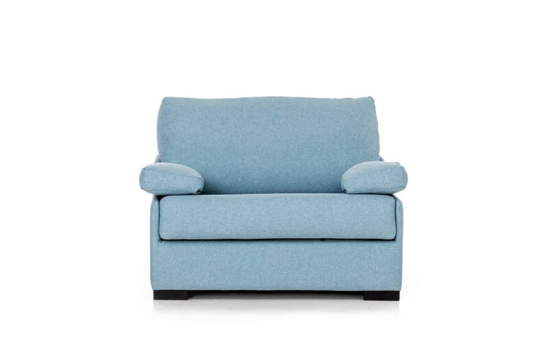 Sillón cama de 90x190 con somier metálico y colchón HR, muy cómodo y compacto para uso diario. Diseño frontal.
