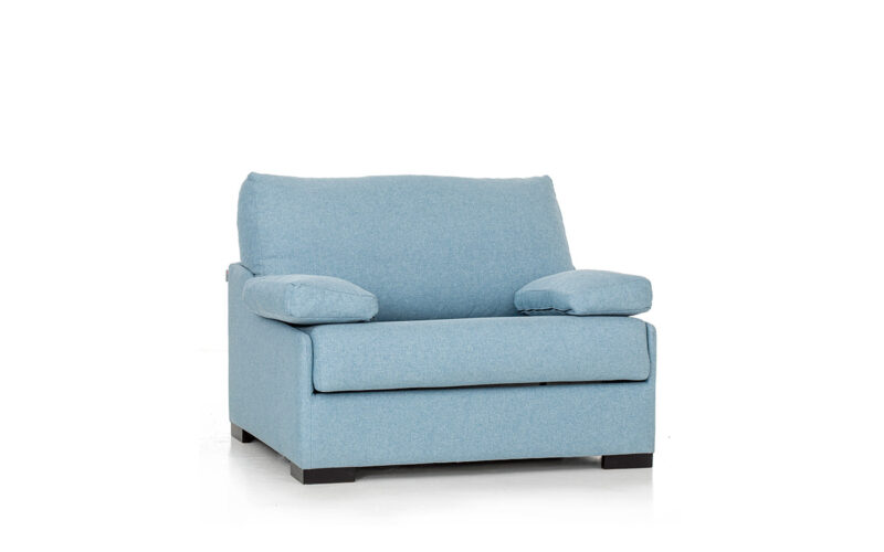 Sillón cama de 90x190 con somier metálico y colchón HR, muy cómodo y compacto para uso diario. Diseño con perspectiva.