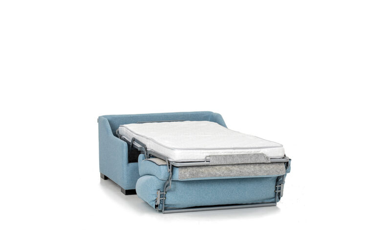 Sillón cama de 90x190 con somier metálico y colchón HR, muy cómodo y compacto para uso diario. Diseño abierto.