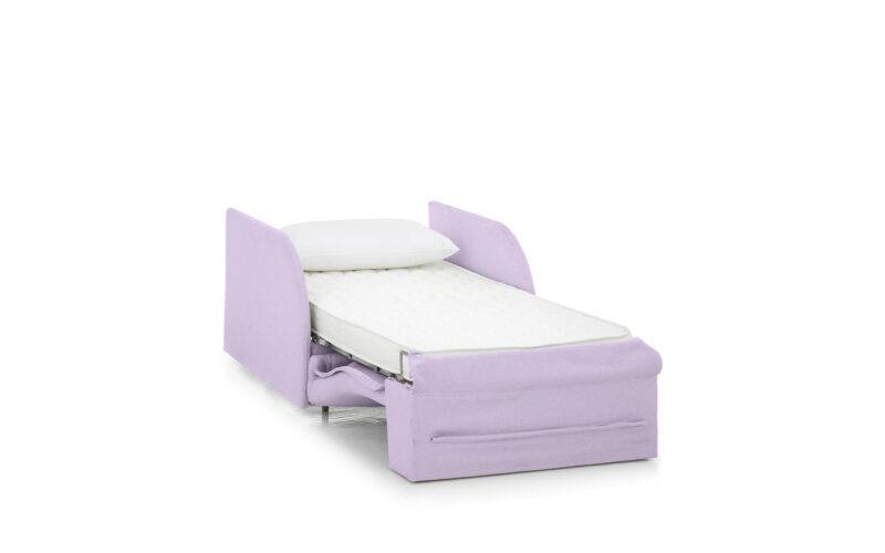 Sillón cama 80x190 con apertura italiana, colchón firme y brazo curvo, ideal para uso diario en espacios reducidos. Diseño abierto.