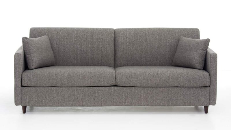 Sofá cama horizontal para hospitales con cama elevada, apertura sin esfuerzo y sin retirar almohadones, ideal para acompañantes en espacios reducidos. Diseño frontal.
