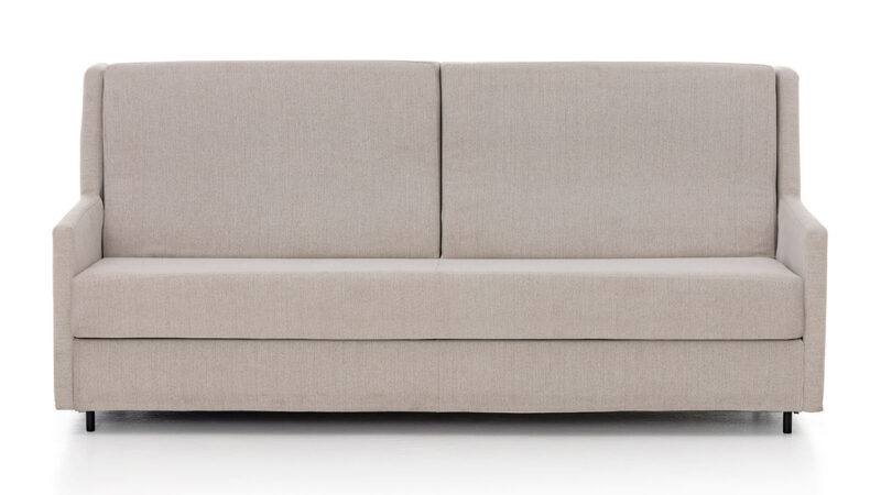 Sofá cama horizontal compacto para hospitales, sin desplazamiento frontal, con apertura sencilla y diseño funcional para espacios reducidos. Diseño frontal.