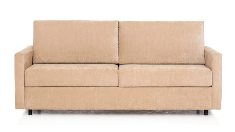 Sofá cama horizontal con cama elevada y apertura sencilla, ideal para hospitales, clínicas y colectividades, con estructura metálica resistente y diseño funcional. Diseño frontal.