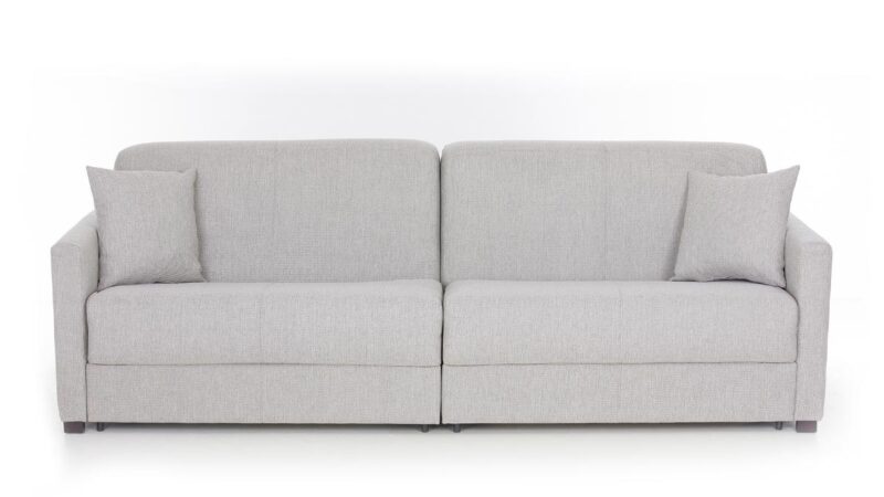 Sofá cama con dos camas gemelas de 90x190 cm, apertura independiente, ideal para espacios pequeños y uso diario. Diseño frontal.