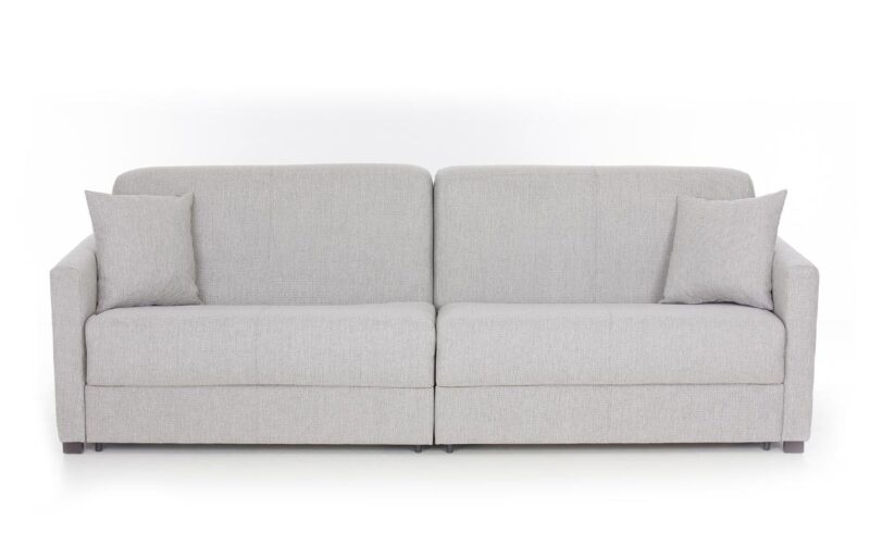 Sofá cama con dos camas gemelas de 90x190 cm, apertura independiente, ideal para espacios pequeños y uso diario. Diseño frontal.