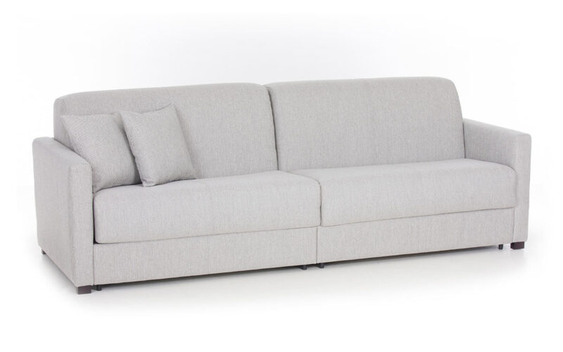 Sofá cama con dos camas gemelas de 90x190 cm, apertura independiente, ideal para espacios pequeños y uso diario. Diseño con perspectiva.