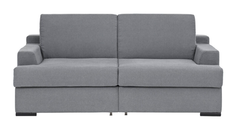 Sofá cama con dos camas de 80x190 cm, compacto, apertura fácil, ideal para espacios reducidos y uso diario. Diseño frontal.